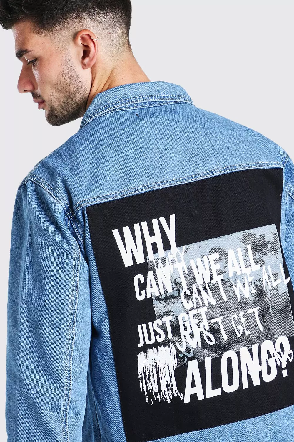 Regular Fit Denim Jacket With Back Print boohooMAN UK